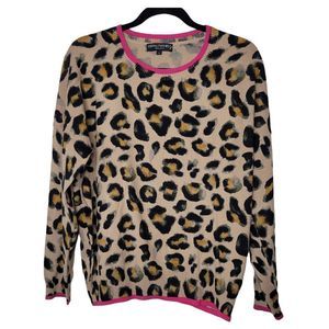 Central Park West New York Leopard Pink Trim Crew Neck Pull Over Sweater L